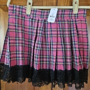 Pink Plaid Pleated Mini Skirt with Black Lace Hem